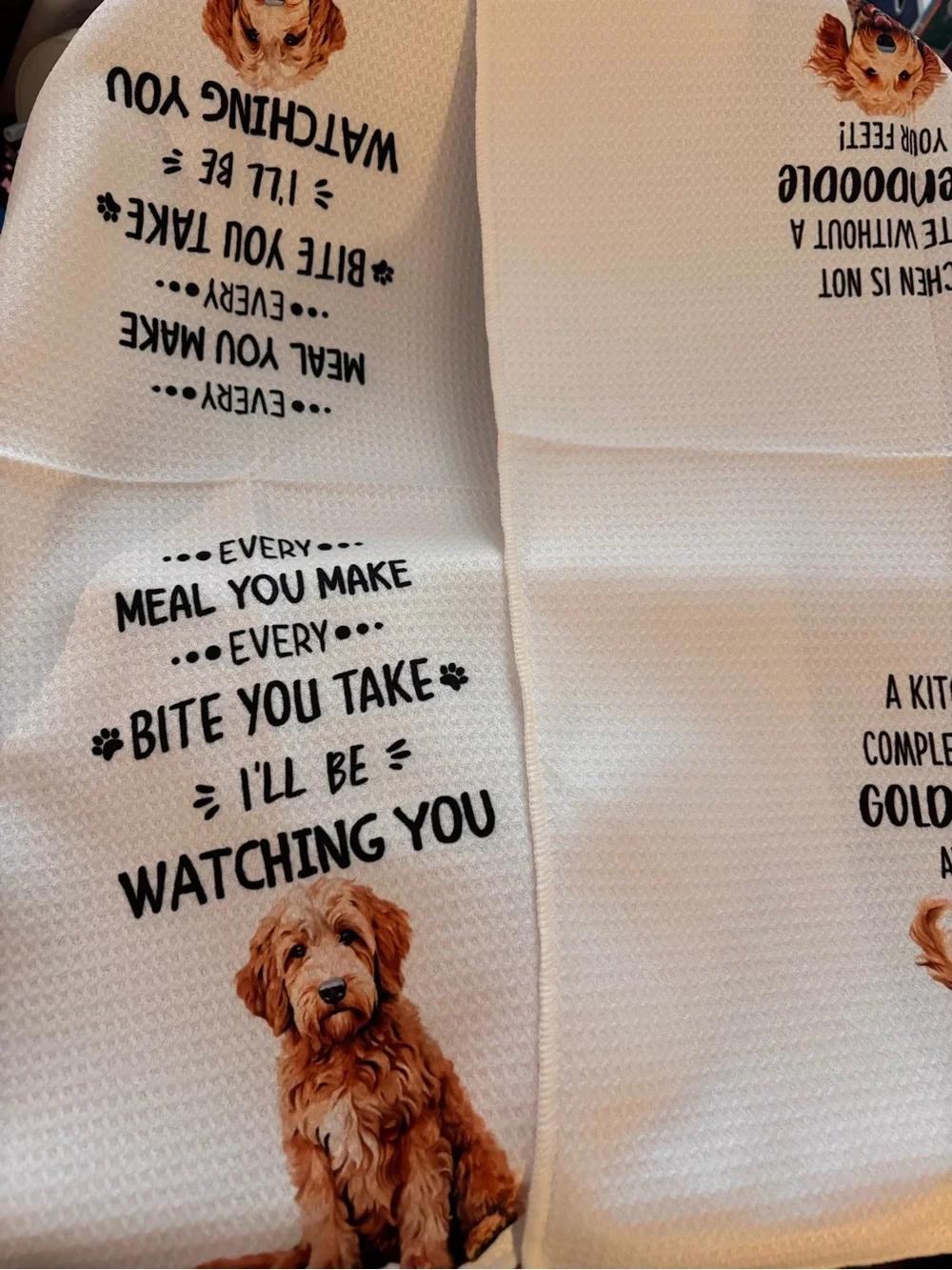 2 White Kitchen Towels with Brown Goldendoodle Print - Dog Lover Design